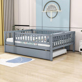 Wooden Full Size Low Kids Bed with Twin Size Trundle and Rails