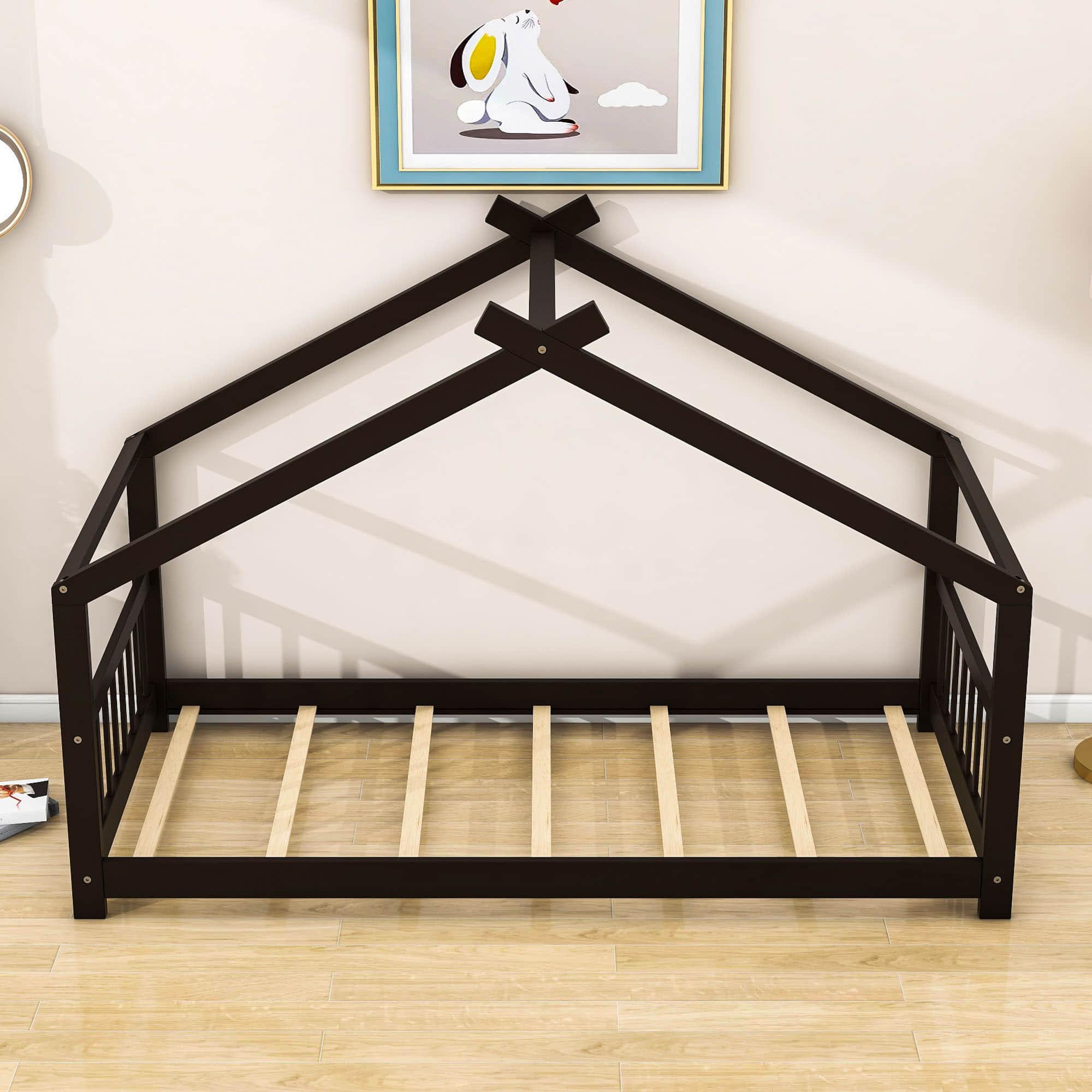 Wooden Twin Low House Bed Frame for Toddler, Kids