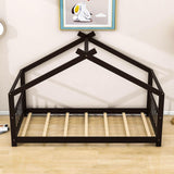 Wooden Twin Low House Bed Frame for Toddler, Kids