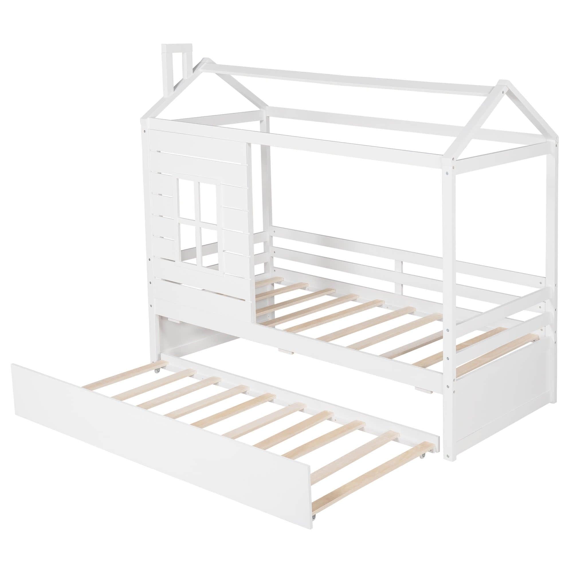 Kids Twin House Bed with Twin Trundle Bed and Rails