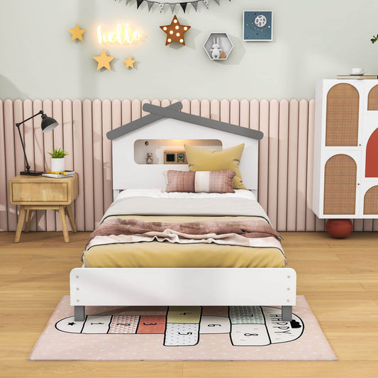 Kids Twin Platform Bed with House-Shaped Headboard and LED Lights