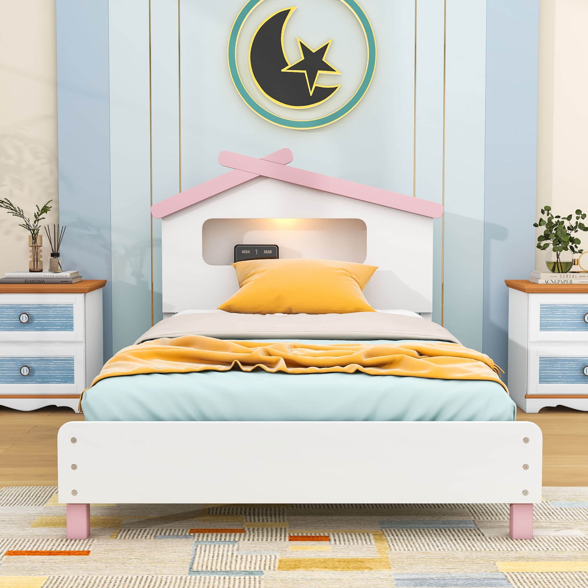 Kids Twin Platform Bed with House-Shaped Headboard and LED Lights