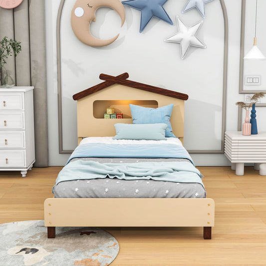 Kids Twin Platform Bed with House-Shaped Headboard and LED Lights