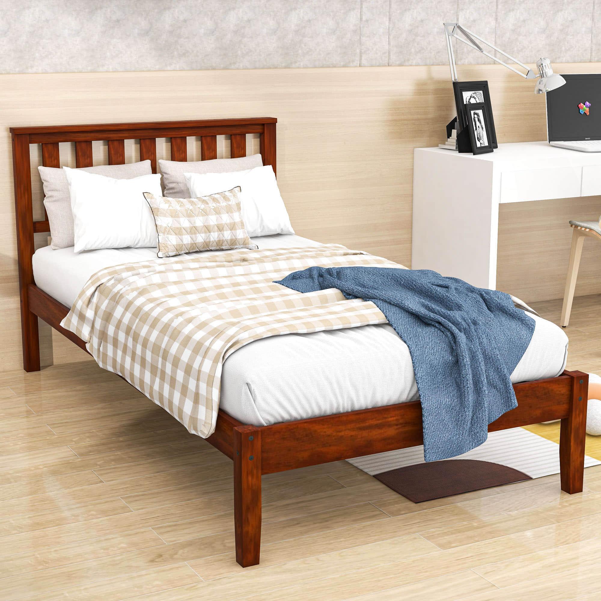 Wood Twin Size Platform Bed Frame with Headboard - [Mattress Foundation]