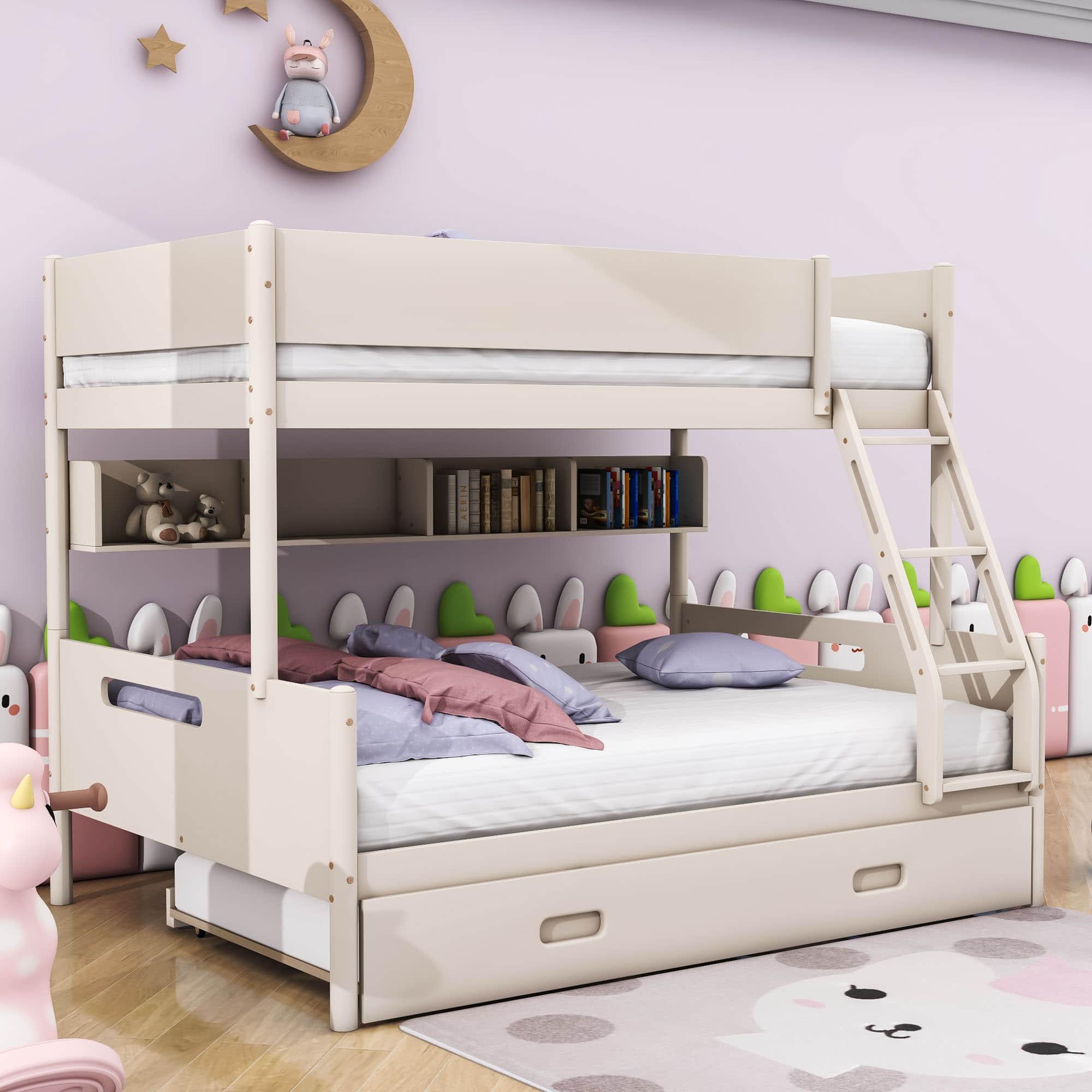 Wooden Twin Over Full Bunk Beds with Trundle and Storage Bookshelves