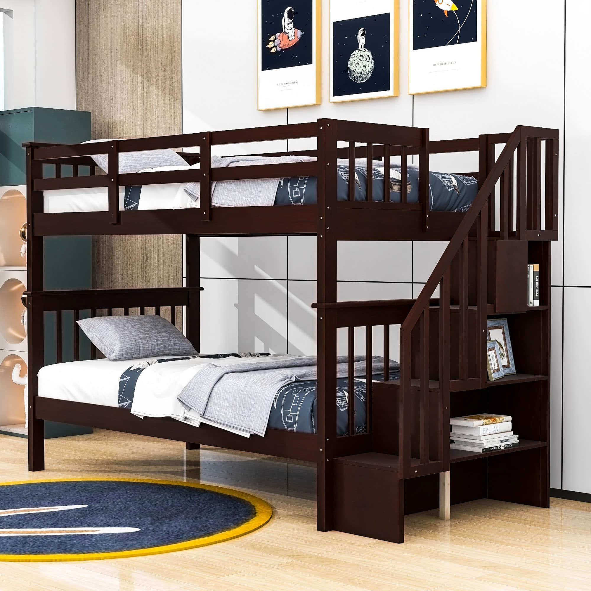 Twin Over Twin Bunk Beds with Stairs and Storage for Kids - [Wood, Convertible]