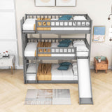 3 Level Low Twin Triple Bunk Beds with Slide for Kids, Toddler - [Wood, Convertible]