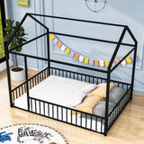 Full Size Metal House Toddler Floor Bed with Rails for Boys and Girls