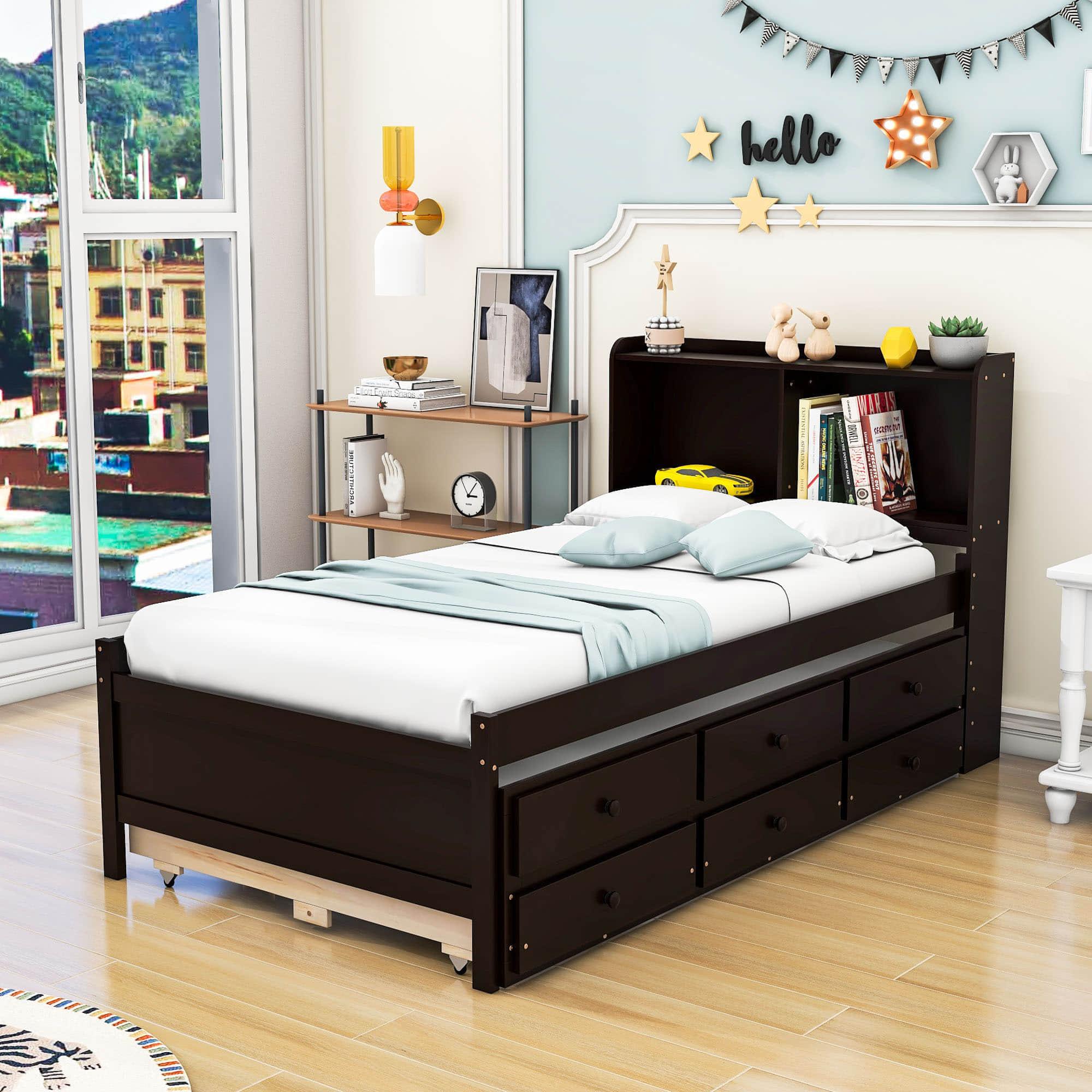 Wood Twin Captains Bed with Storage and Headboard, Twin Trundle Bed