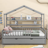 Wood Twin Size Low House Bed Frame with Storage and Twin Trundle Bed