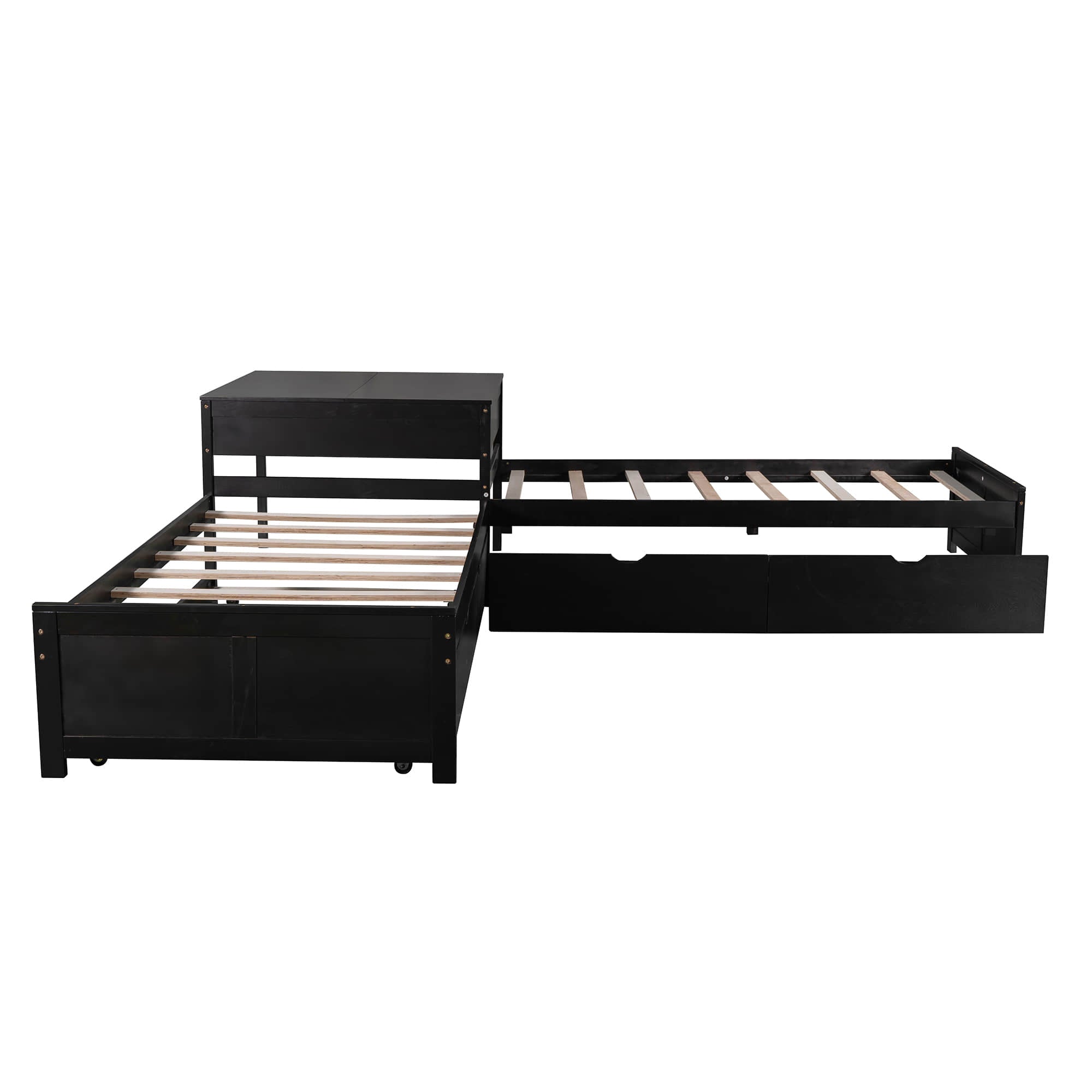 Twin Size L-Shaped Low Platform Corner Bed with Storage and Trundle - [Drawers, Desk]