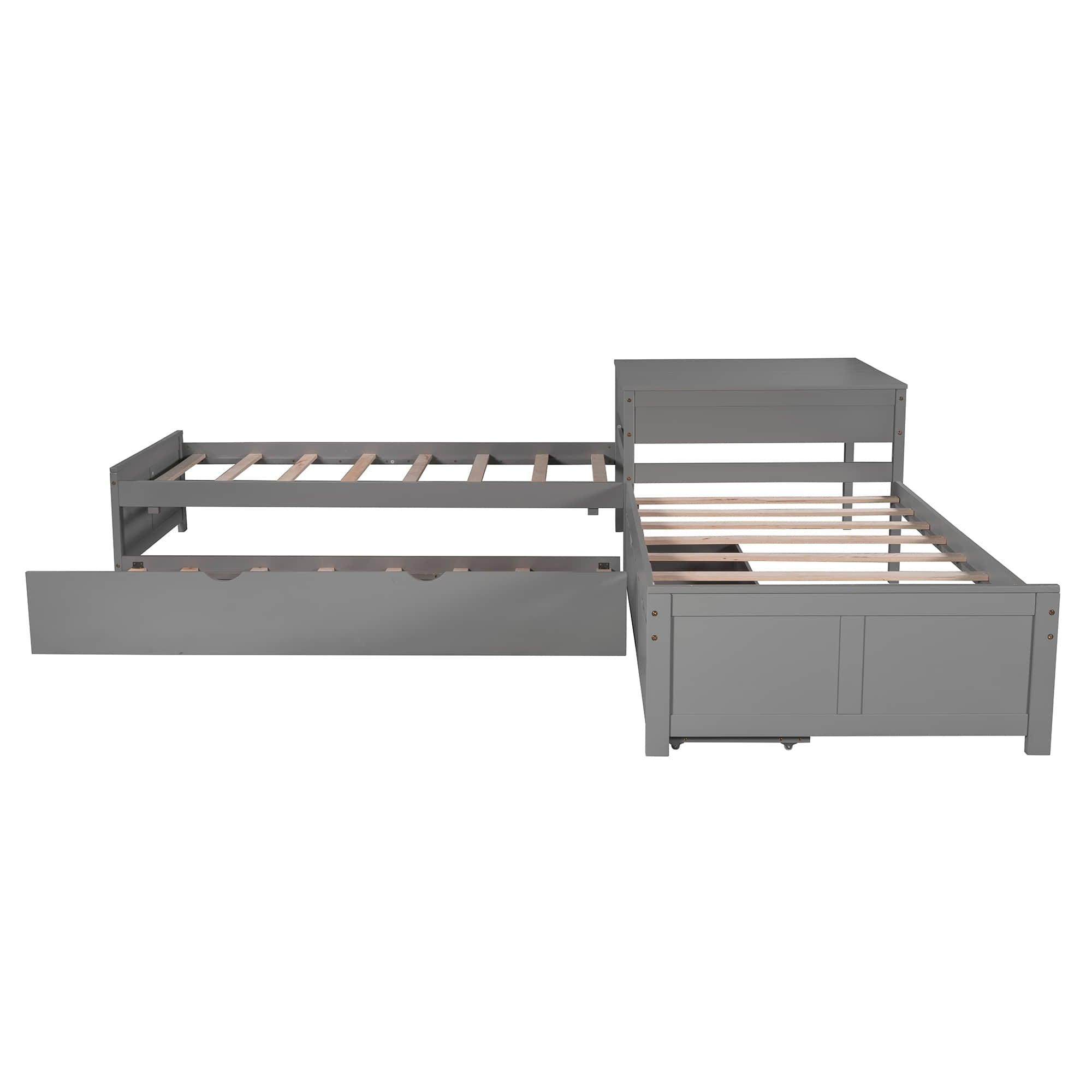 Twin Size L-Shaped Low Platform Corner Bed with Storage and Trundle - [Drawers, Desk]