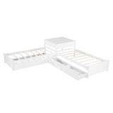 Twin Size L-Shaped Low Platform Corner Bed with Storage and Trundle - [Drawers, Desk]