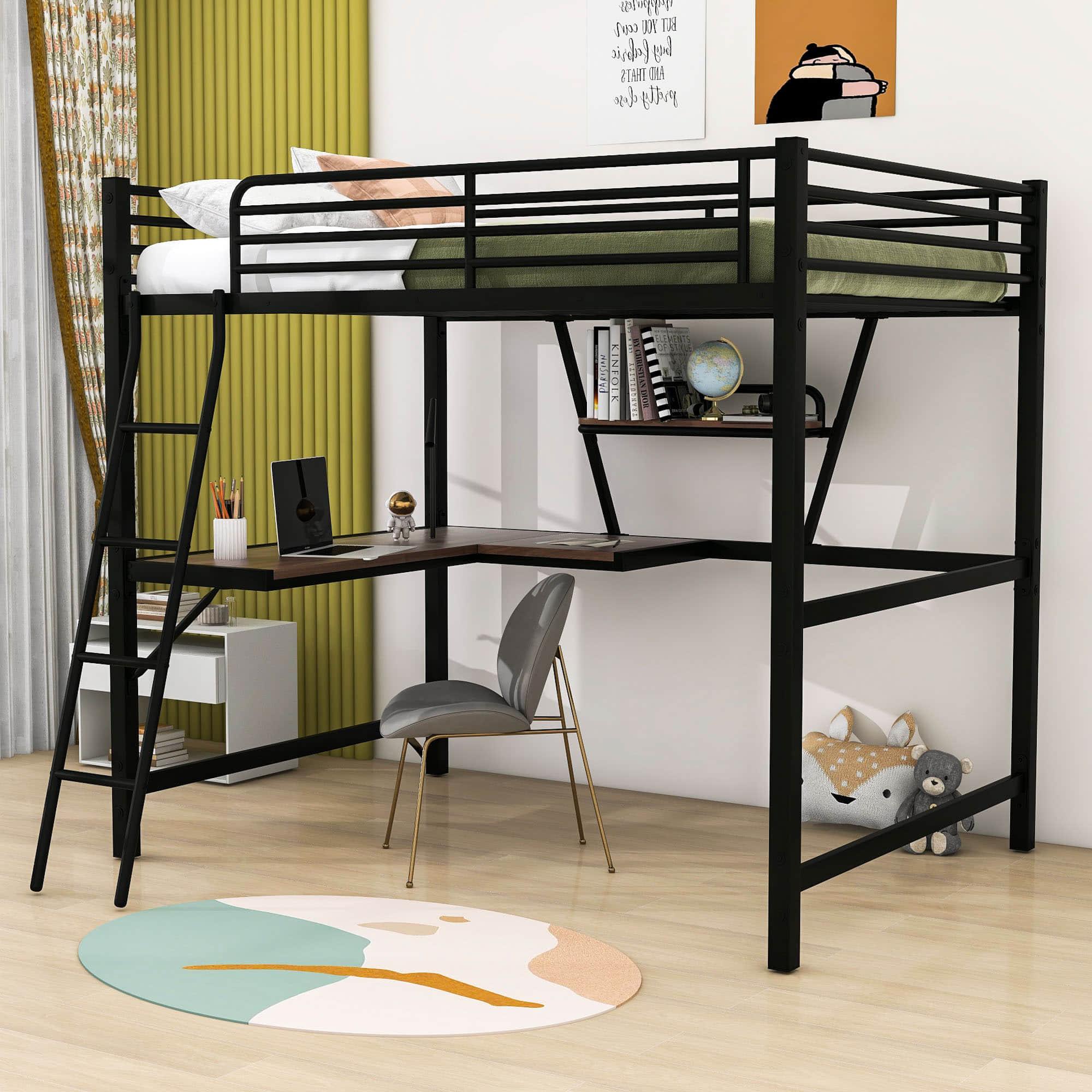 Metal Full Size Loft Bed with Desk and Storage Shelf for Adult, Jr - [Wood]