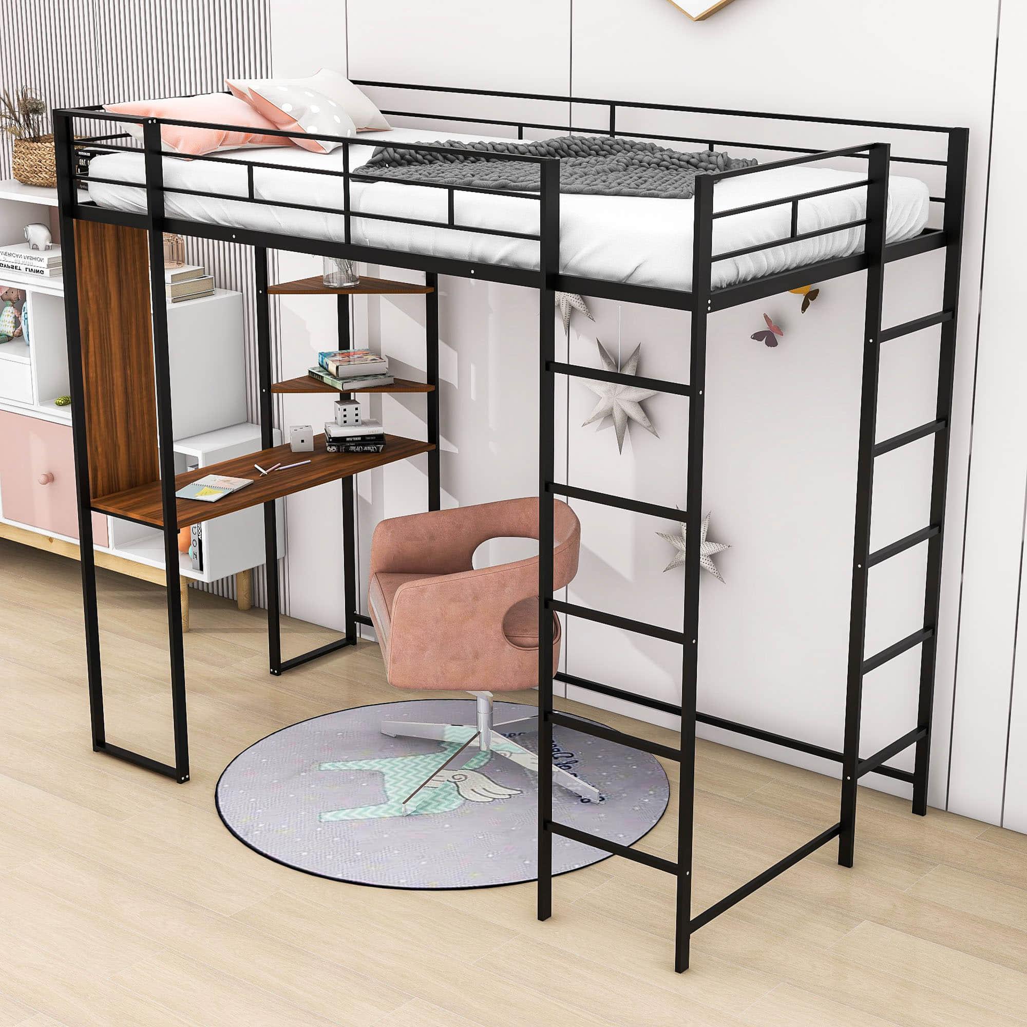 Metal Twin Loft Bed with Desk and Storage Shelves for Teens, Junior, Adult