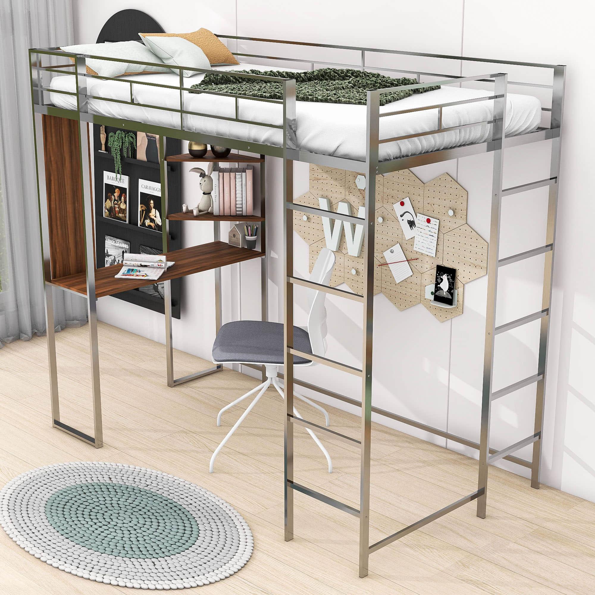 Metal Twin Loft Bed with Desk and Storage Shelves for Teens, Junior, Adult