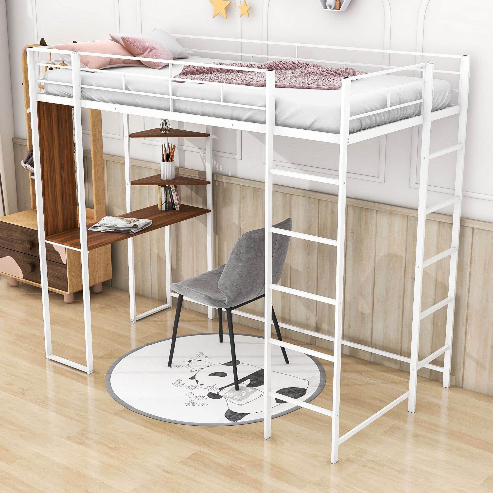 Metal Twin Loft Bed with Desk and Storage Shelves for Teens, Junior, Adult