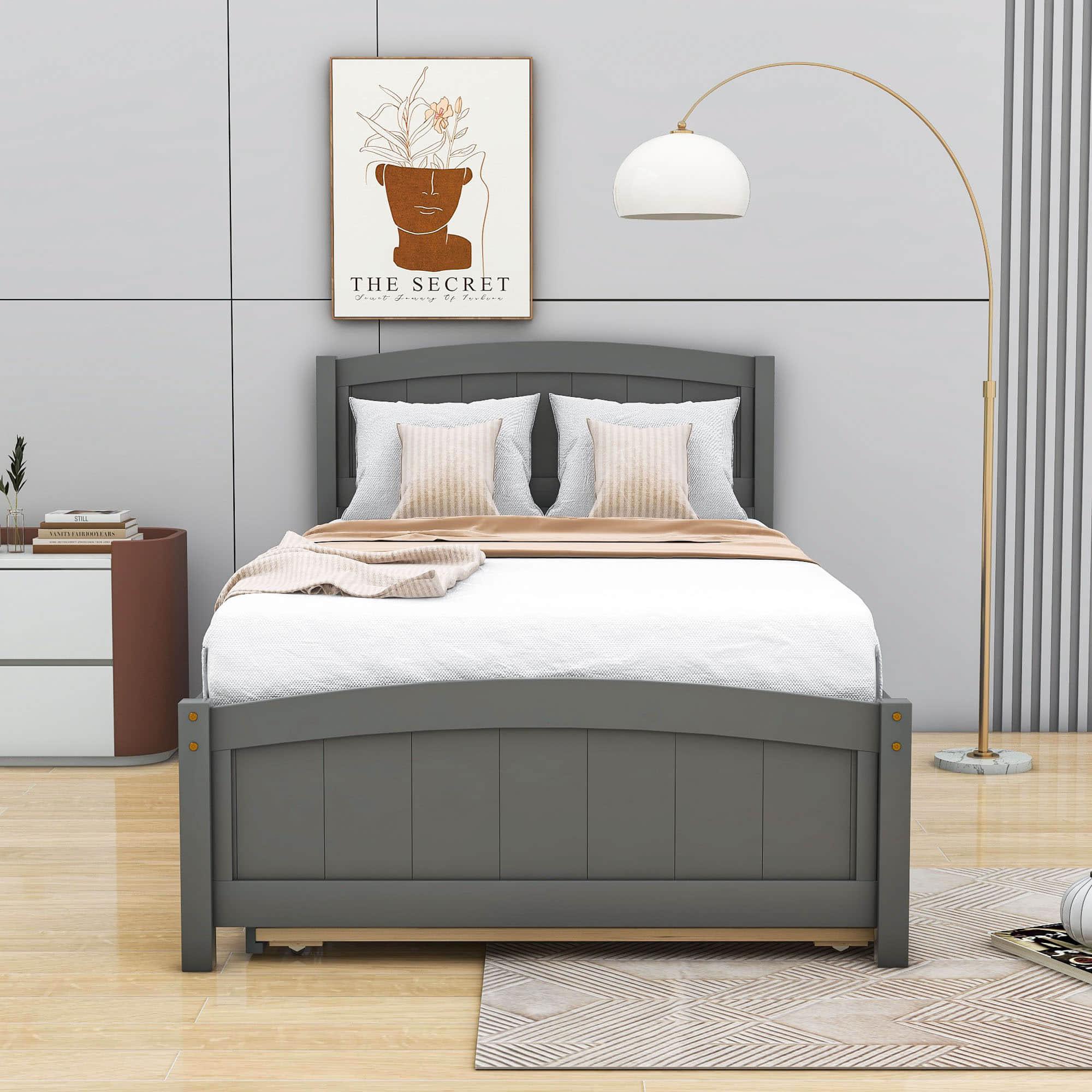 Twin Platform Bed Frame with Twin Trundle and Headboard