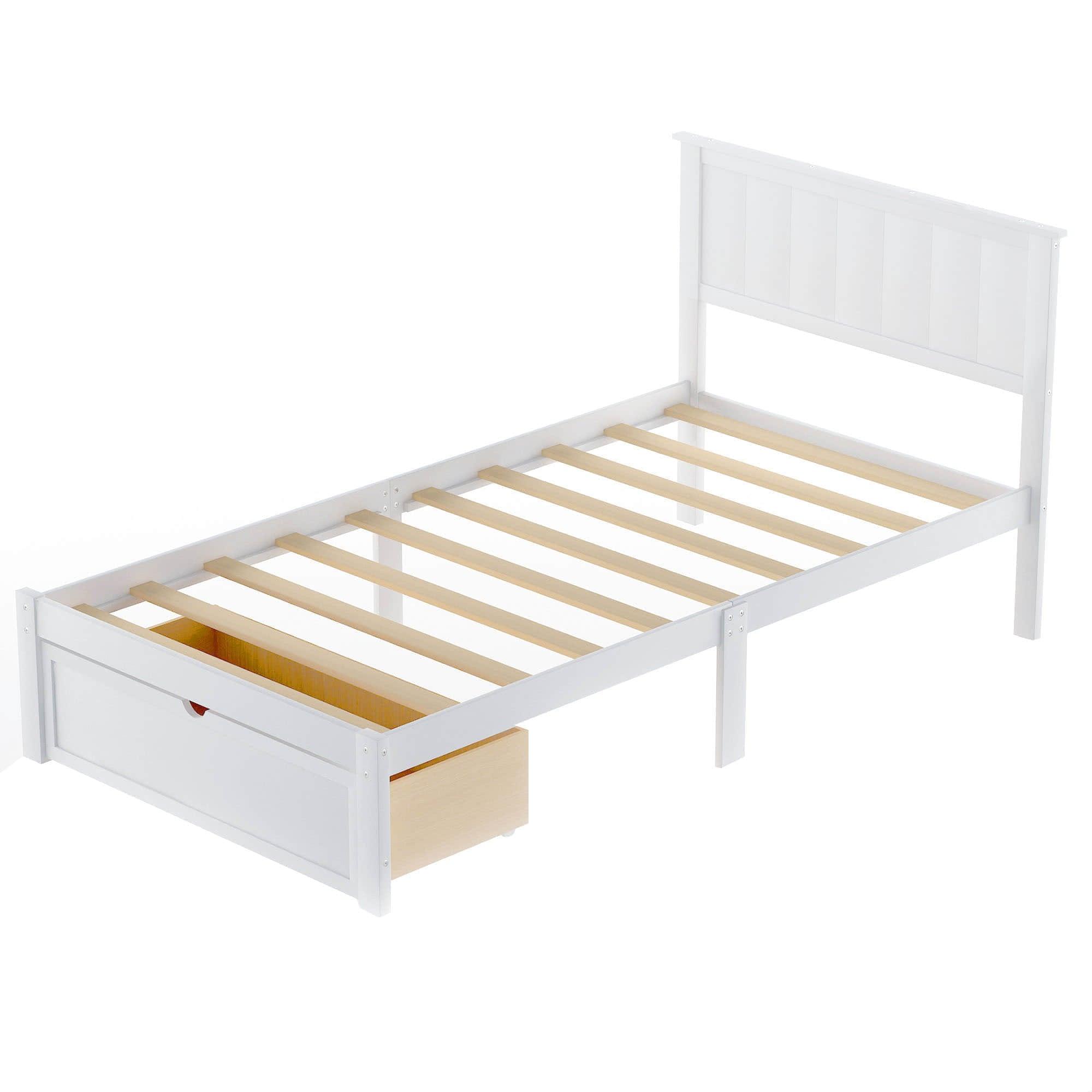 Wooden Twin Size Platform Bed Frame with Under bed Storage - [Drawer]