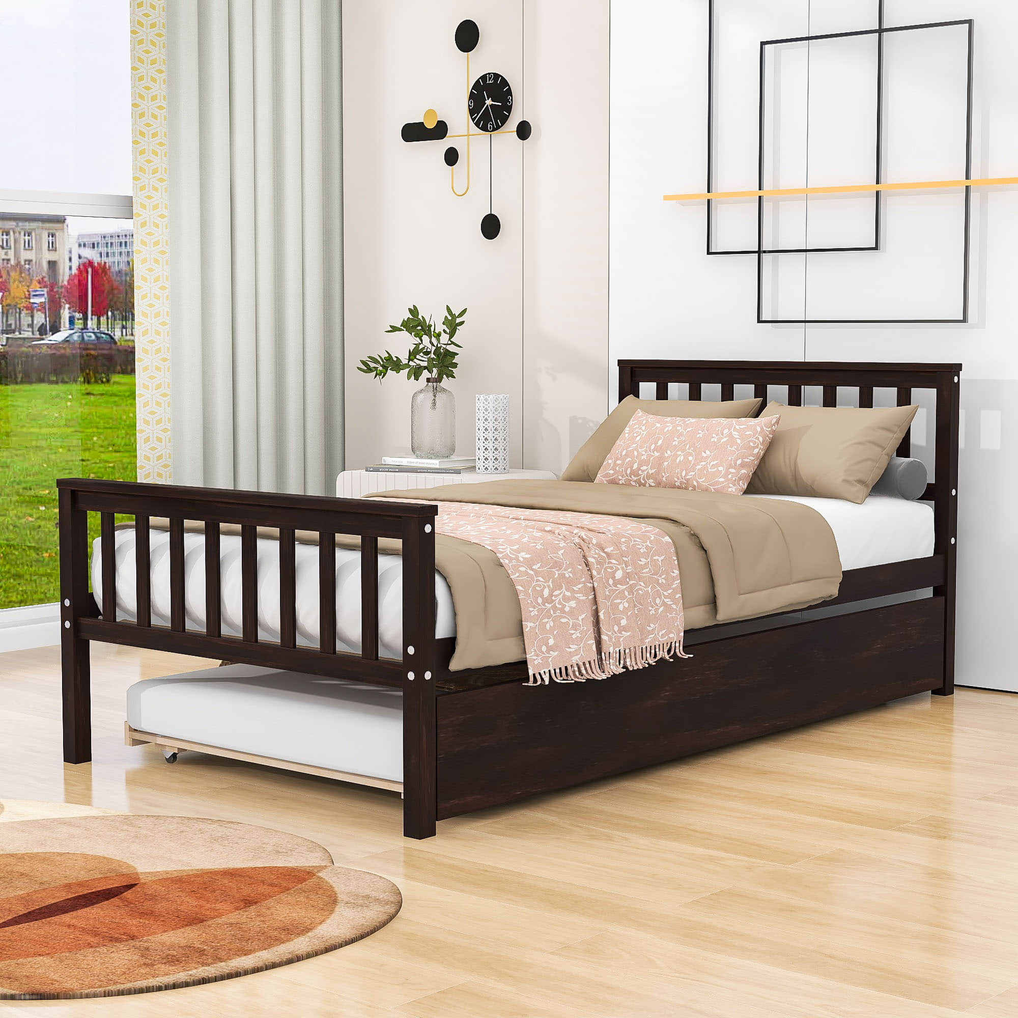 Twin Platform Bed Frame with Twin Trundle and Headboard - [Wooden, Footboard]