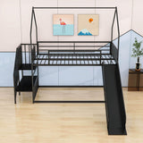 Metal House Twin Loft Bunk Beds for Kids with Stairs and Slide - [Low]