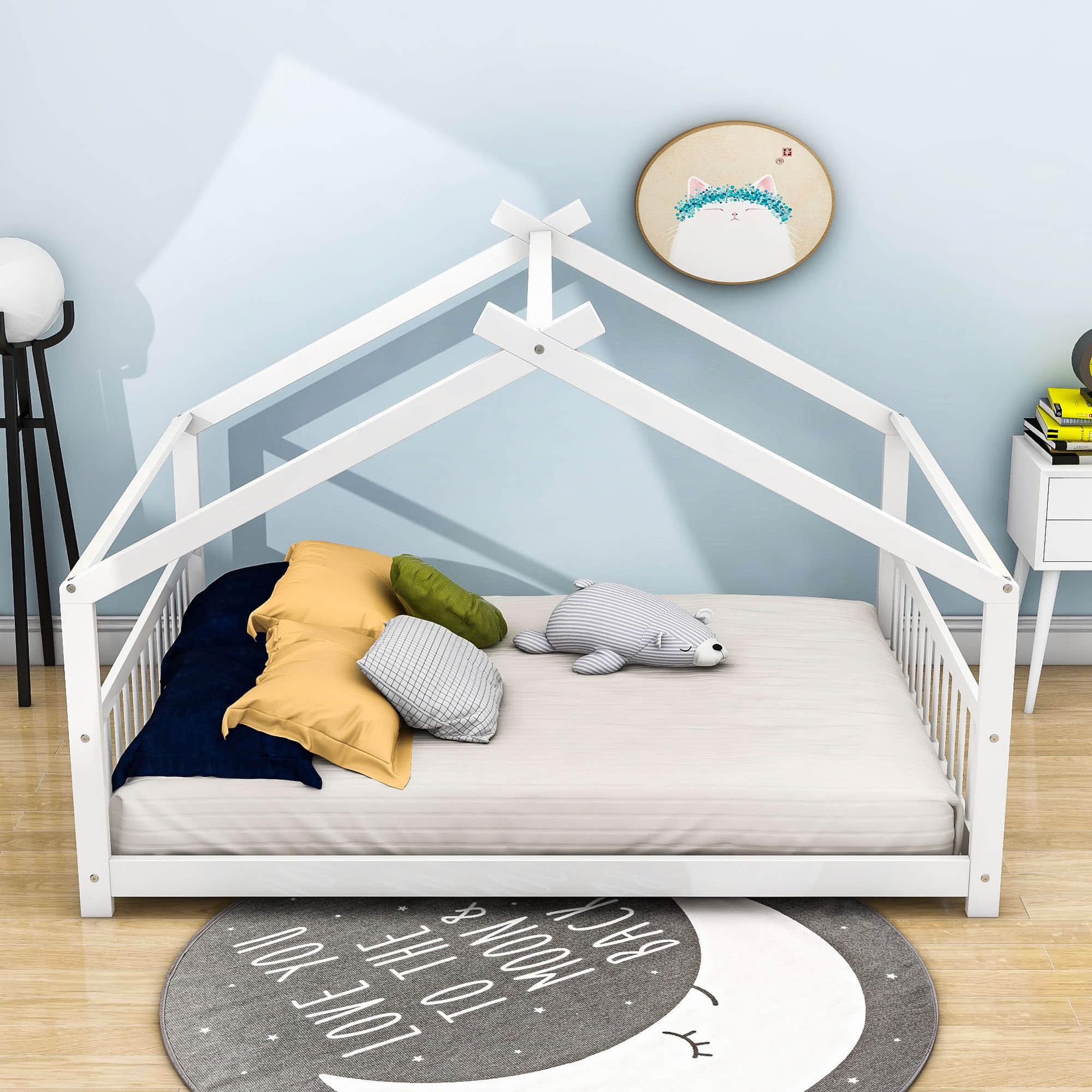 Wooden Full Size Low House Bed Frame for Toddler, Kids