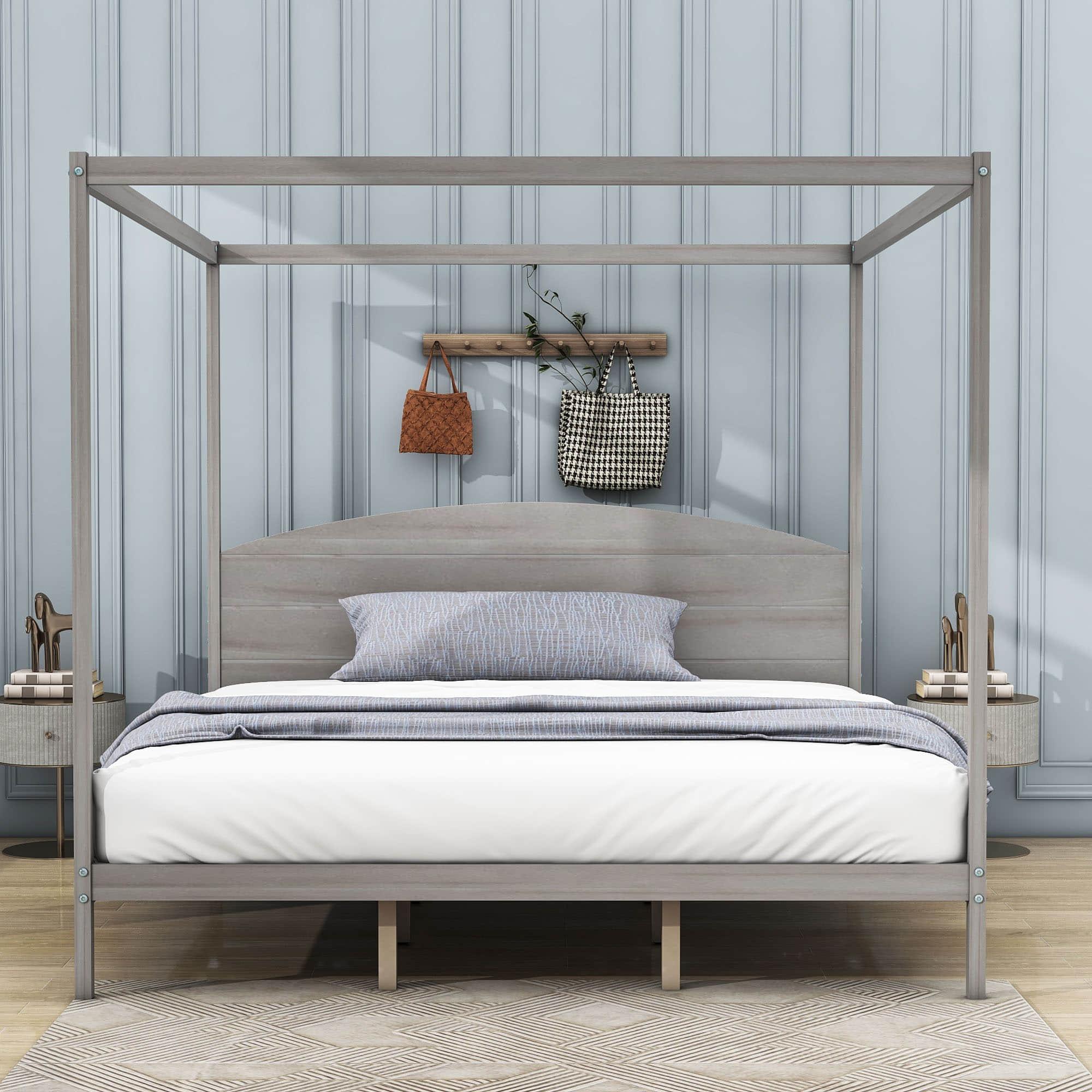 Rustic Wood King Size Canopy Bed Frame with Headboard for Adults