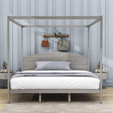 Rustic Wood King Size Canopy Bed Frame with Headboard for Adults