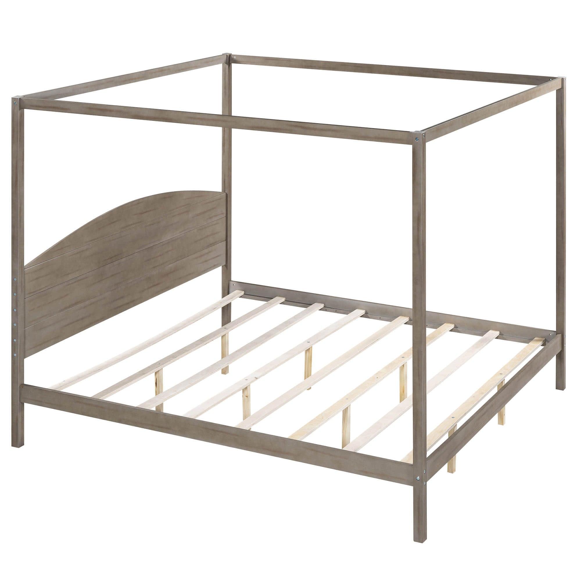 Rustic Wood King Size Canopy Bed Frame with Headboard for Adults