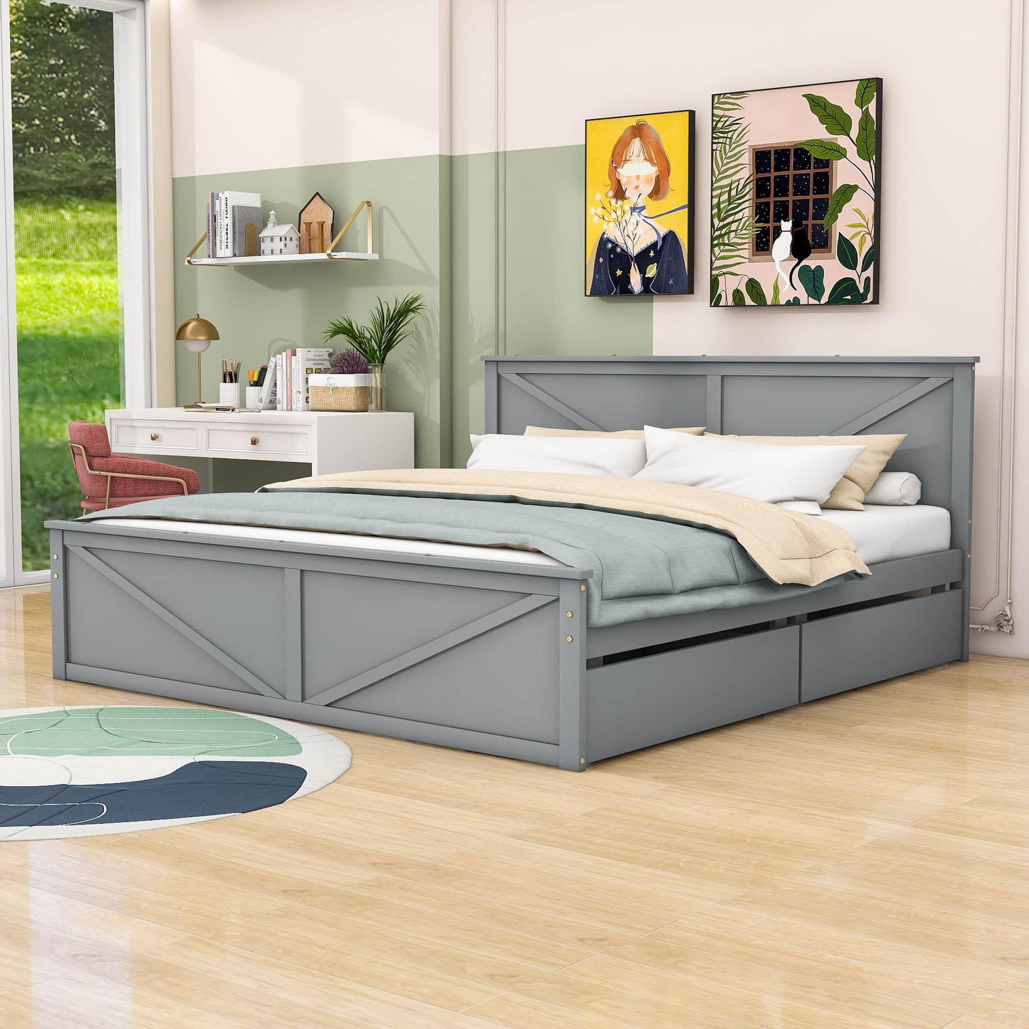 Wooden King Size Platform Bed with Storage and Headboard - [Drawers]