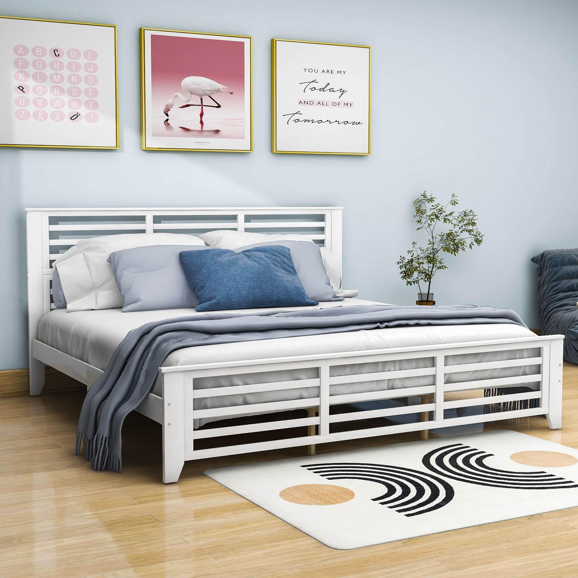 Wooden King Size Platform Bed with Open-Frame Headboard