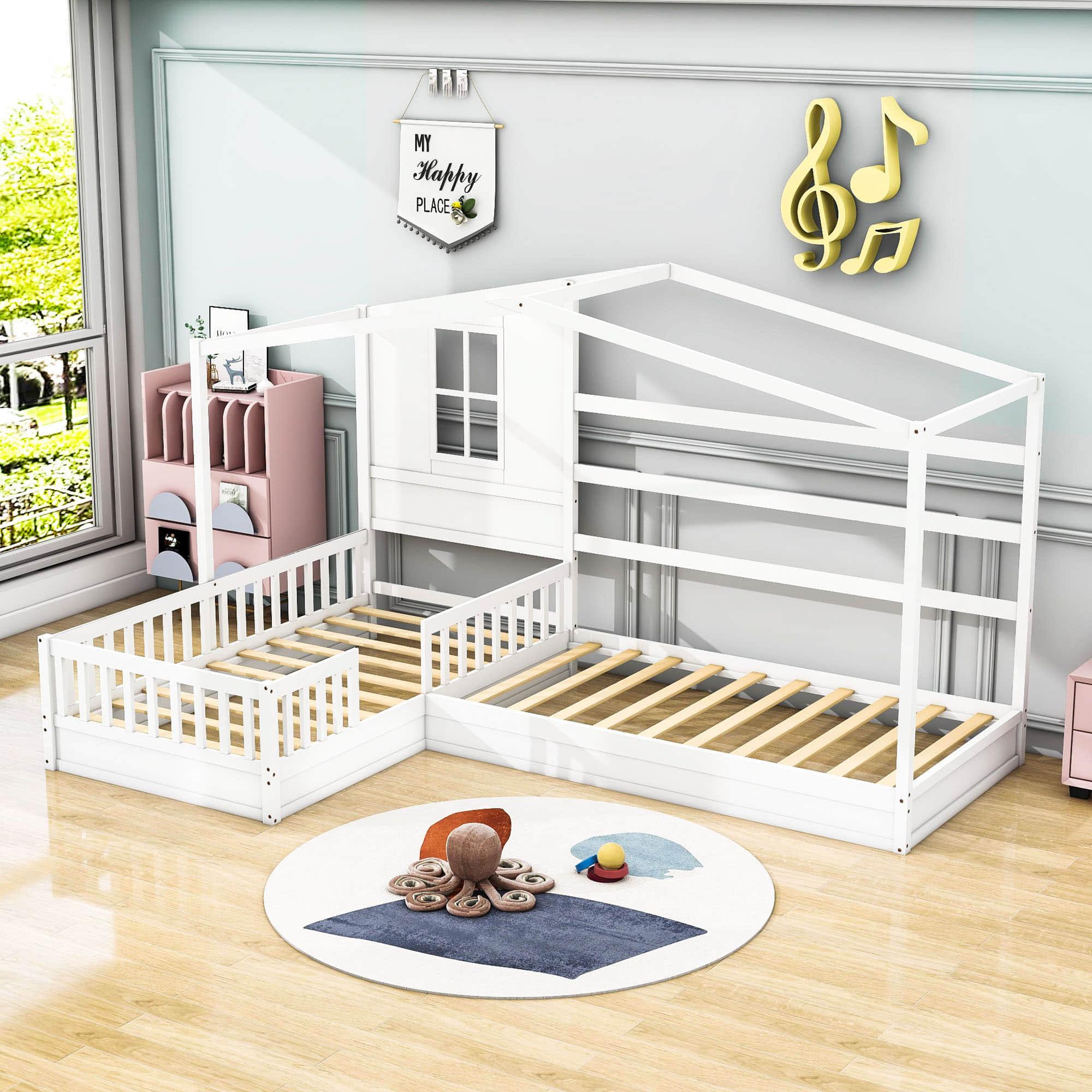 Wooden Montessori Twin Size House Double Kids Bed with Rails