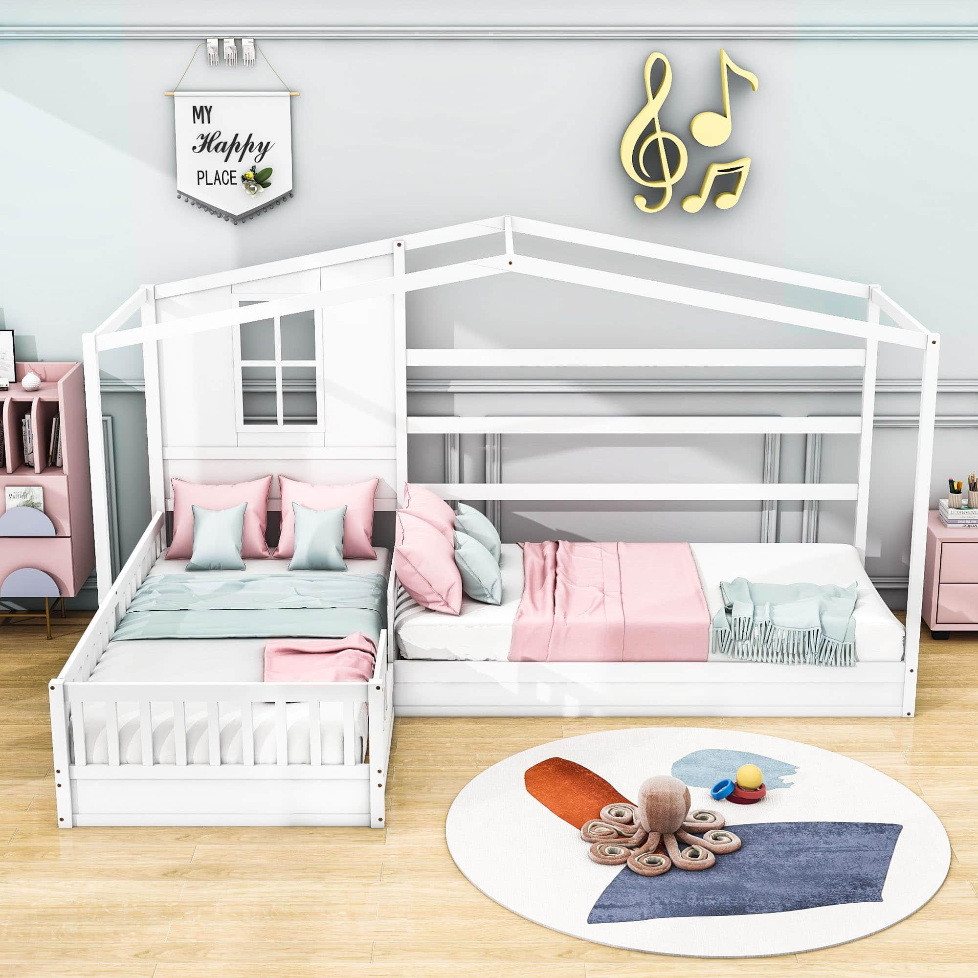 Wooden Montessori Twin Size House Double Kids Bed with Rails