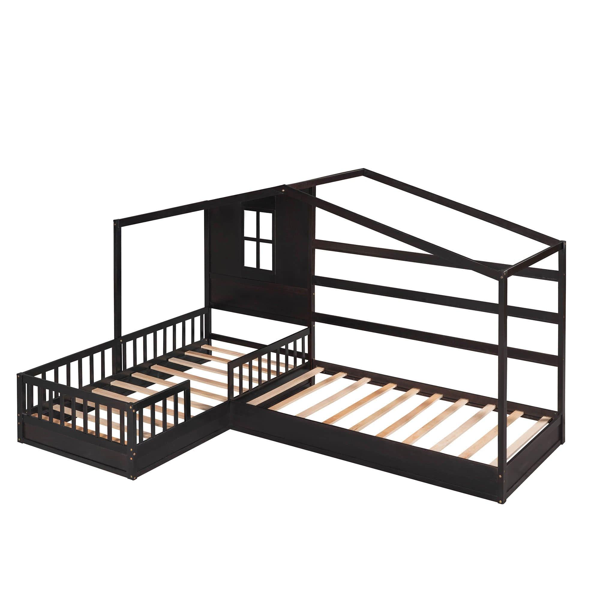 Wooden Montessori Twin Size House Double Kids Bed with Rails