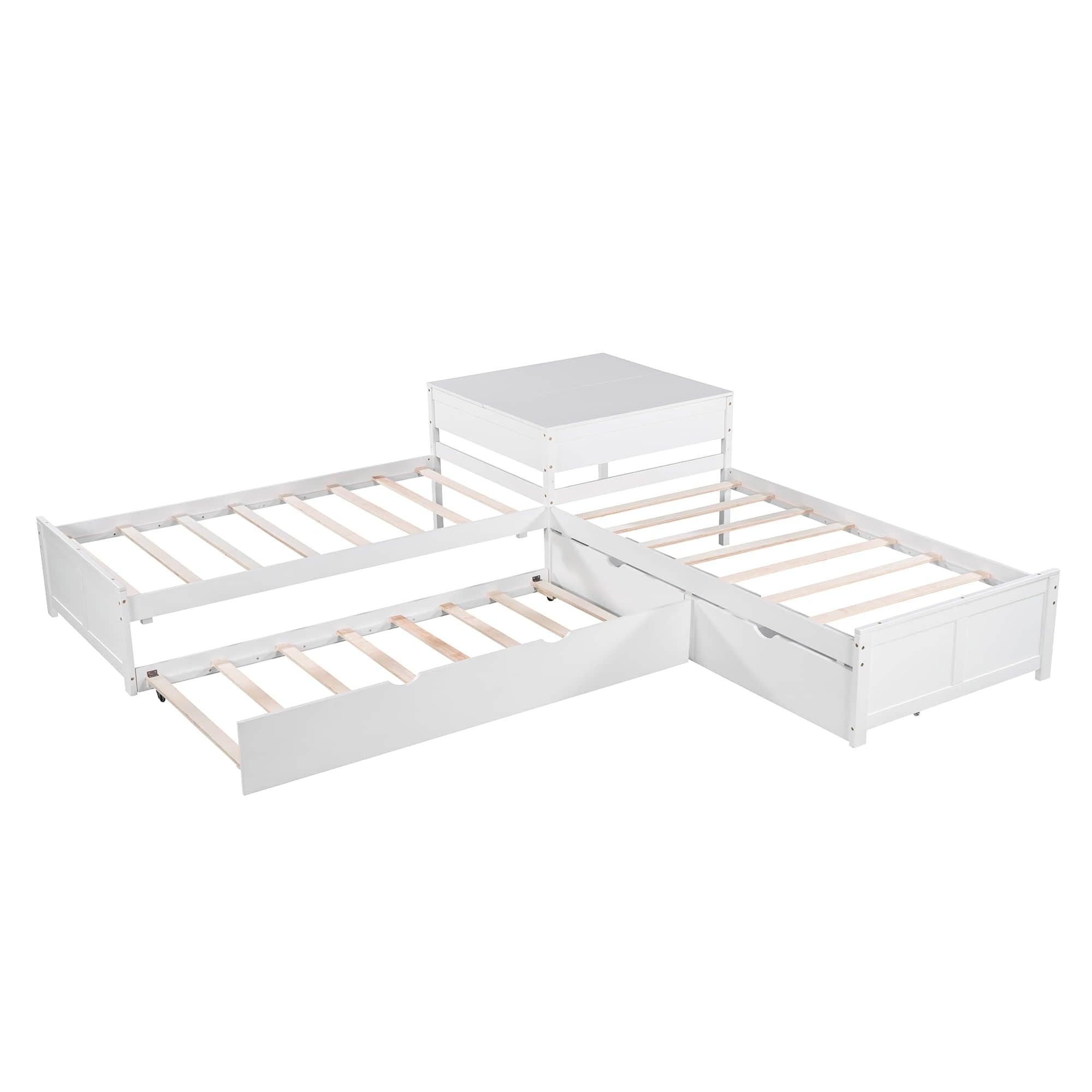 Twin Size L-Shaped Low Platform Corner Bed with Storage and Trundle - [Drawers, Desk]