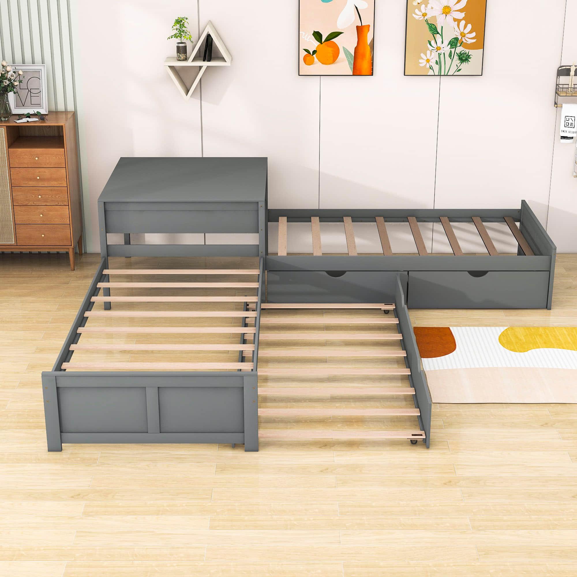 Twin Size L-Shaped Low Platform Corner Bed with Storage and Trundle - [Drawers, Desk]