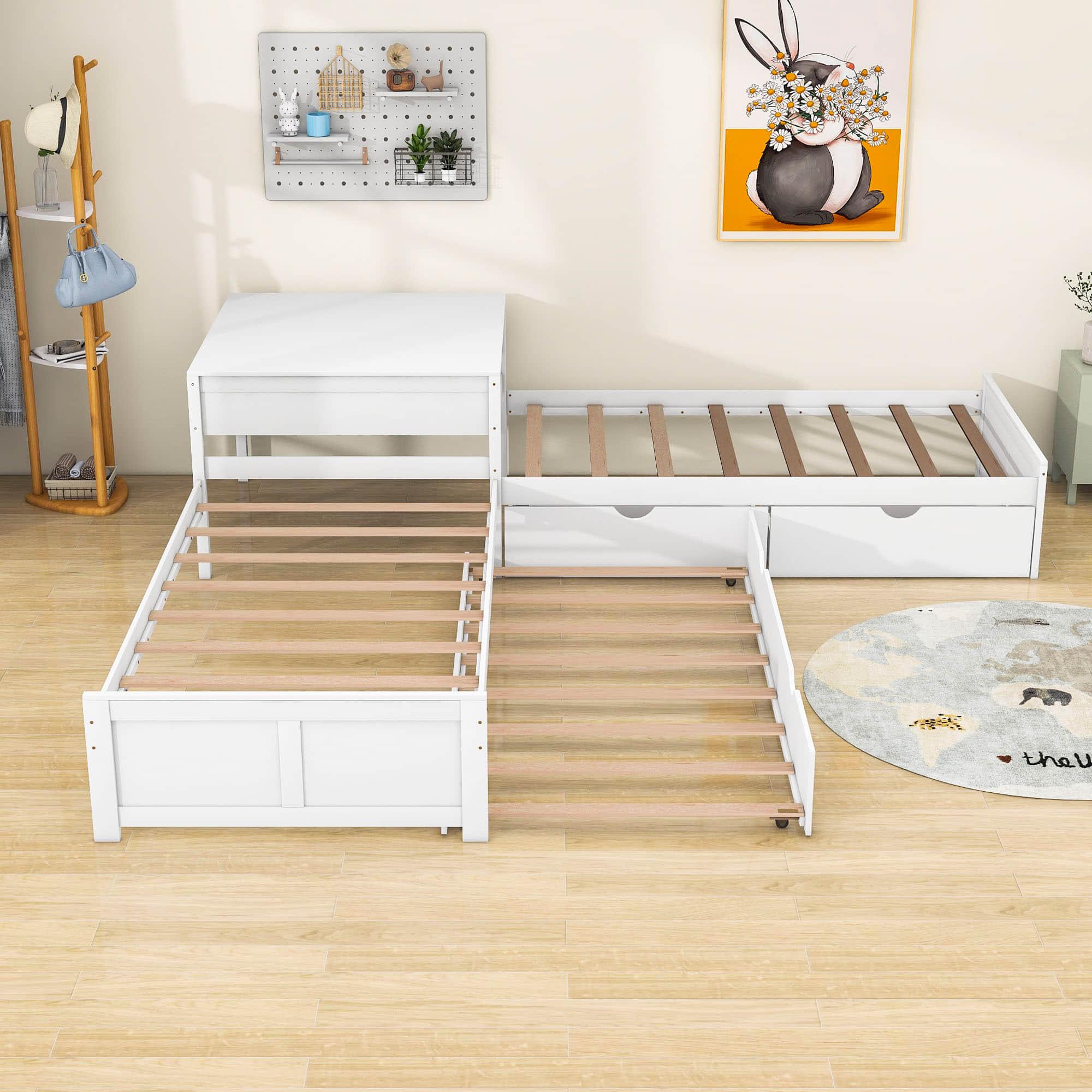 Twin Size L-Shaped Low Platform Corner Bed with Storage and Trundle - [Drawers, Desk]