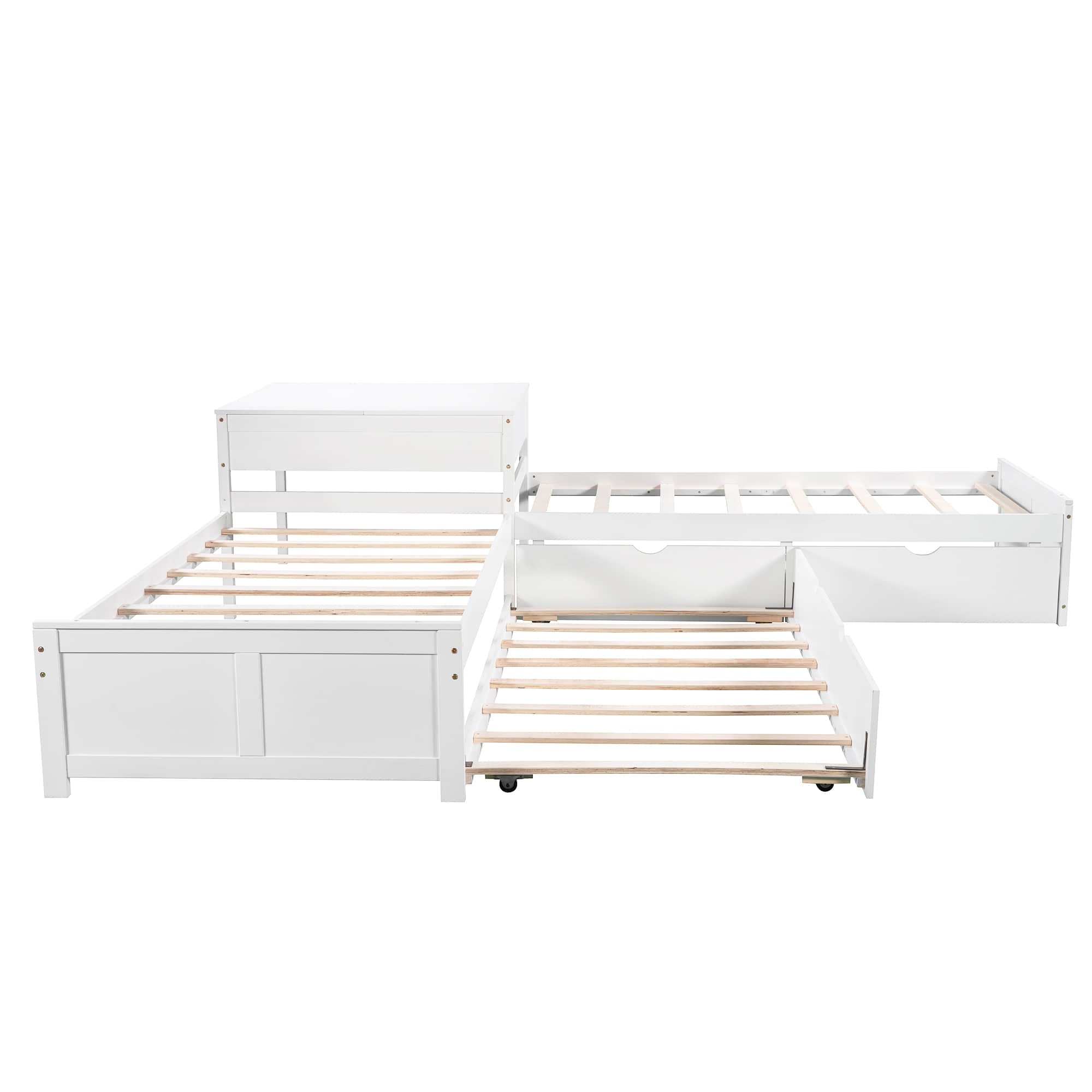 Twin Size L-Shaped Low Platform Corner Bed with Storage and Trundle - [Drawers, Desk]