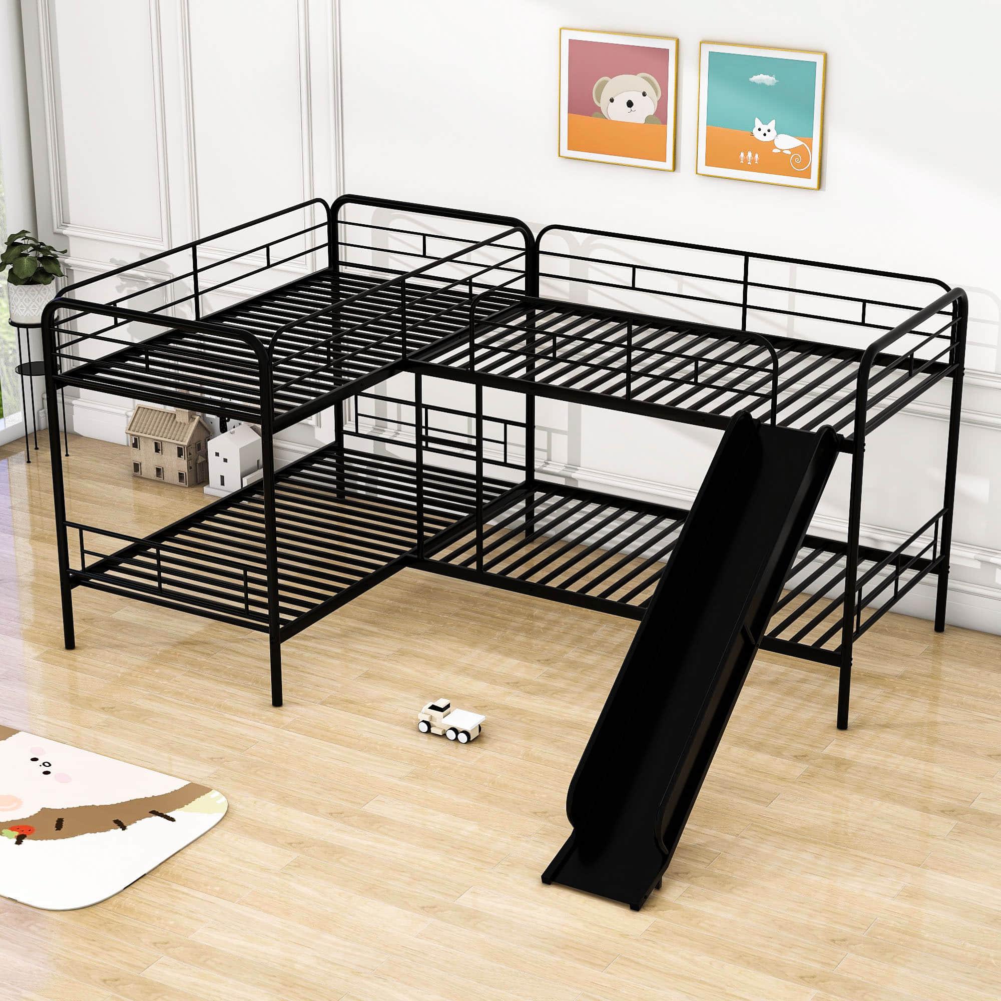 Twin Corner Quad Bunk Beds with Slide for Kids - [Metal, L-Shaped]