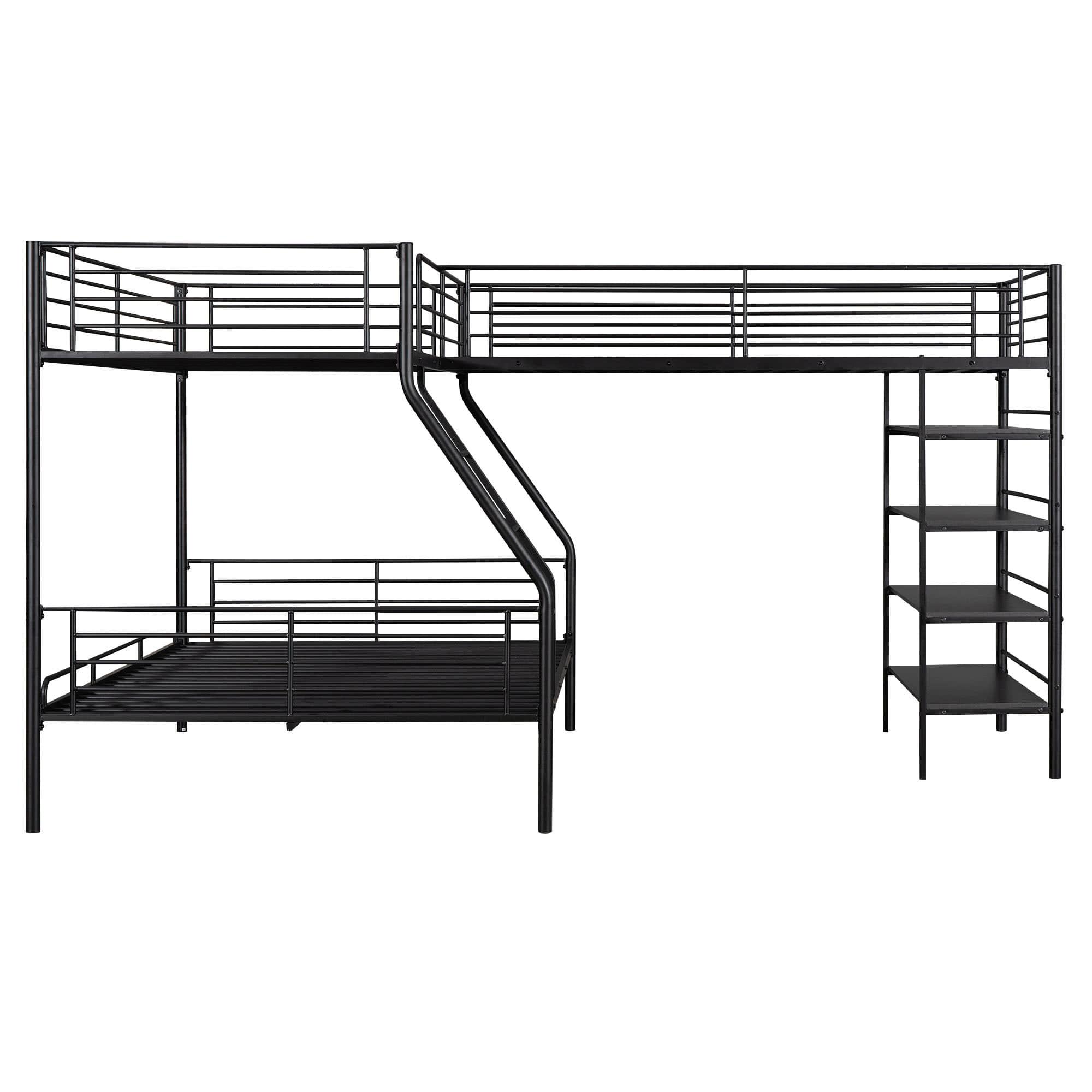 Twin Over Full Loft Triple Bunk Beds with Storage Shelves - [Metal, L-Shaped]