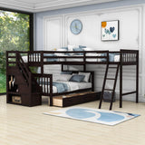 Twin Over Full Corner Loft Bunk Beds with Stairs and Storage - [Wood, Triple, Drawers]