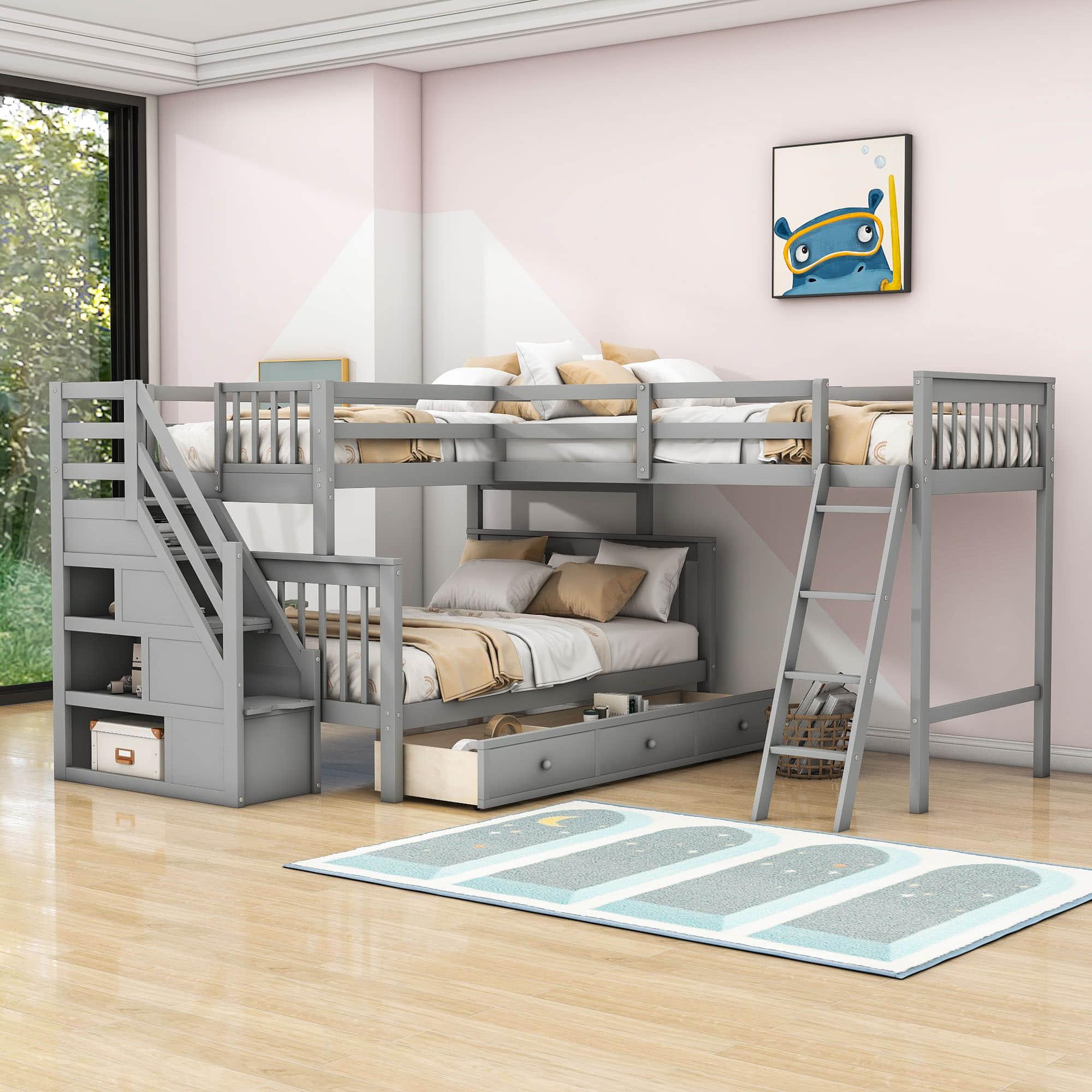 Twin Over Full Corner Loft Bunk Beds with Stairs and Storage - [Wood, Triple, Drawers]