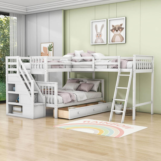 Twin Over Full Corner Loft Bunk Beds with Stairs and Storage - [Wood, Triple, Drawers]