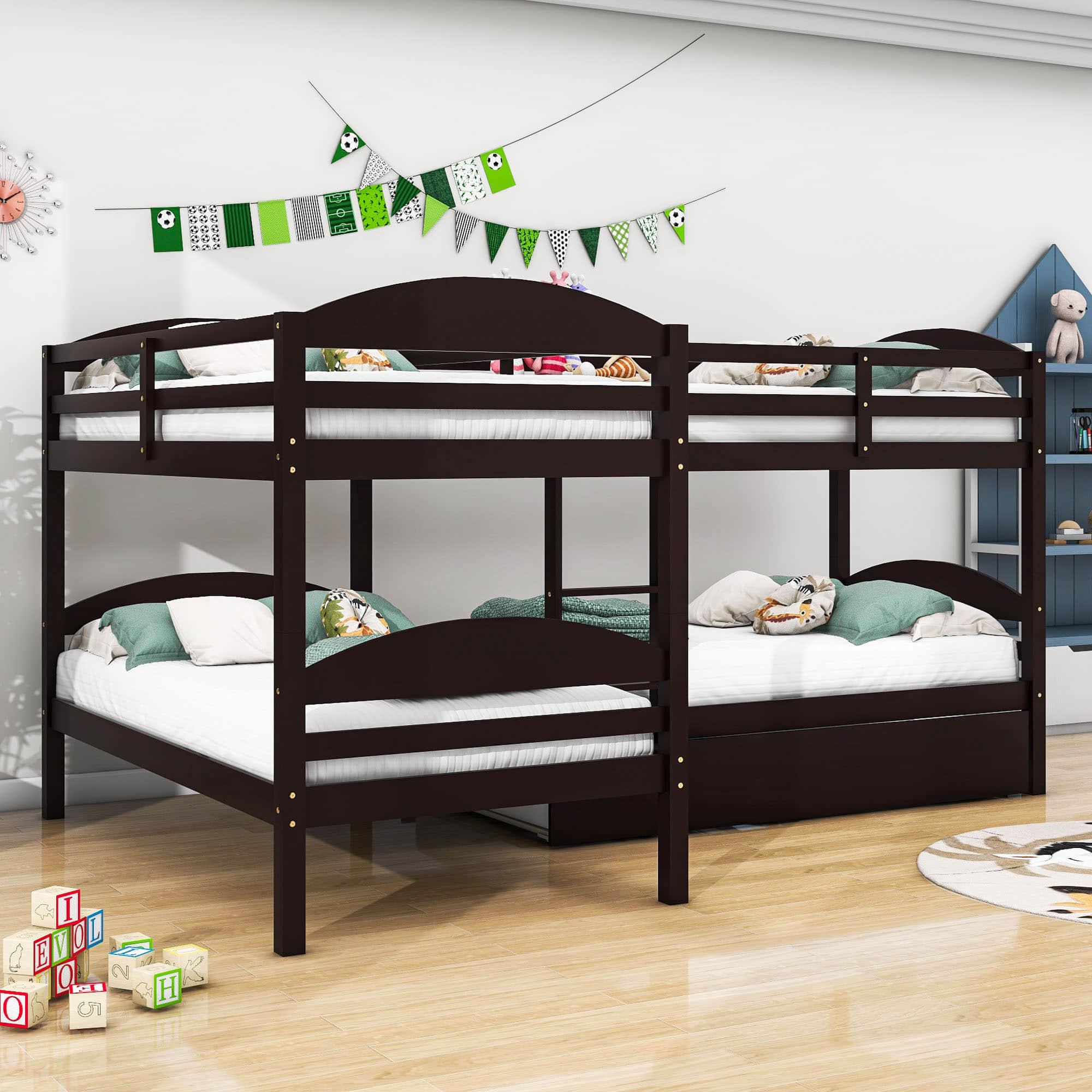 Twin Corner Quad Bunk Beds with Trundle for Kids - [Wooden, L-Shaped]