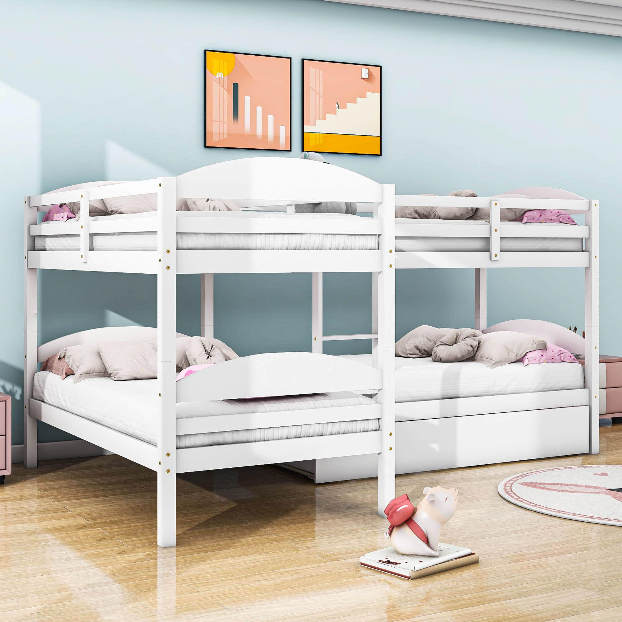 Twin Corner Quad Bunk Beds with Trundle for Kids - [Wooden, L-Shaped]