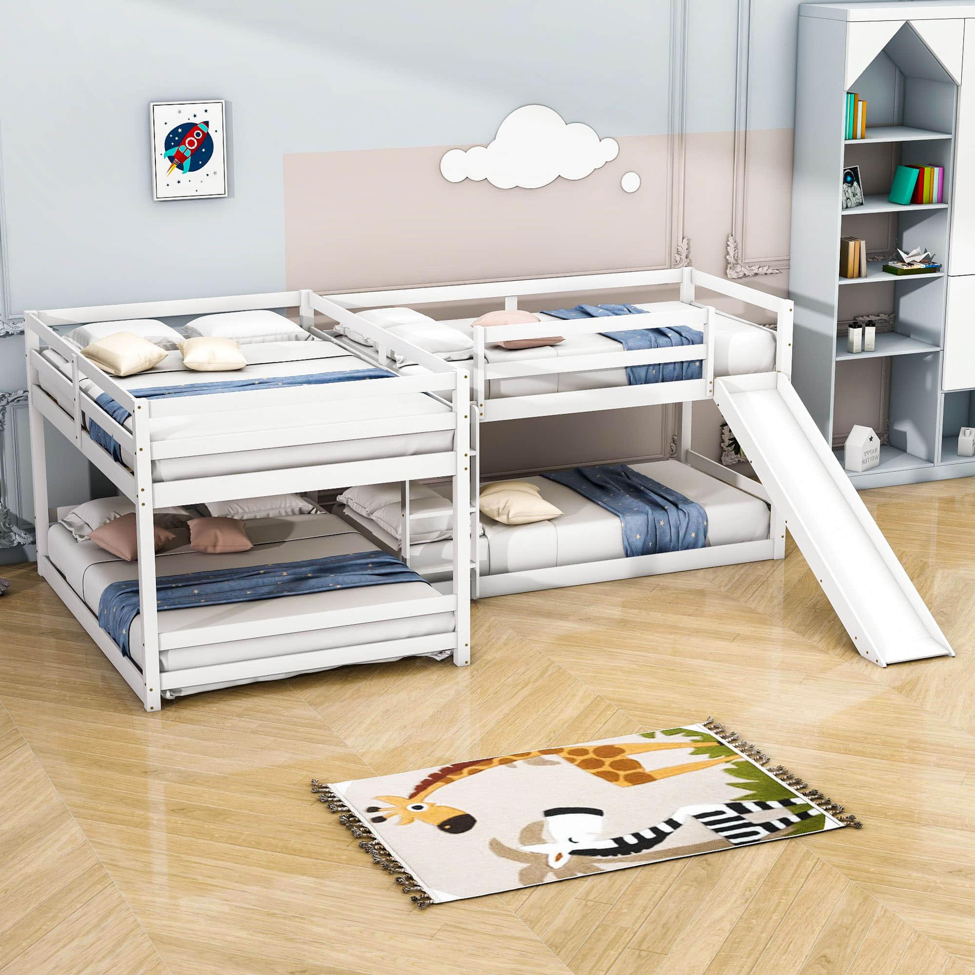 Corner Full and Twin Quad Bunk Beds with Slide - [Wooden, Convertible, L-Shaped]