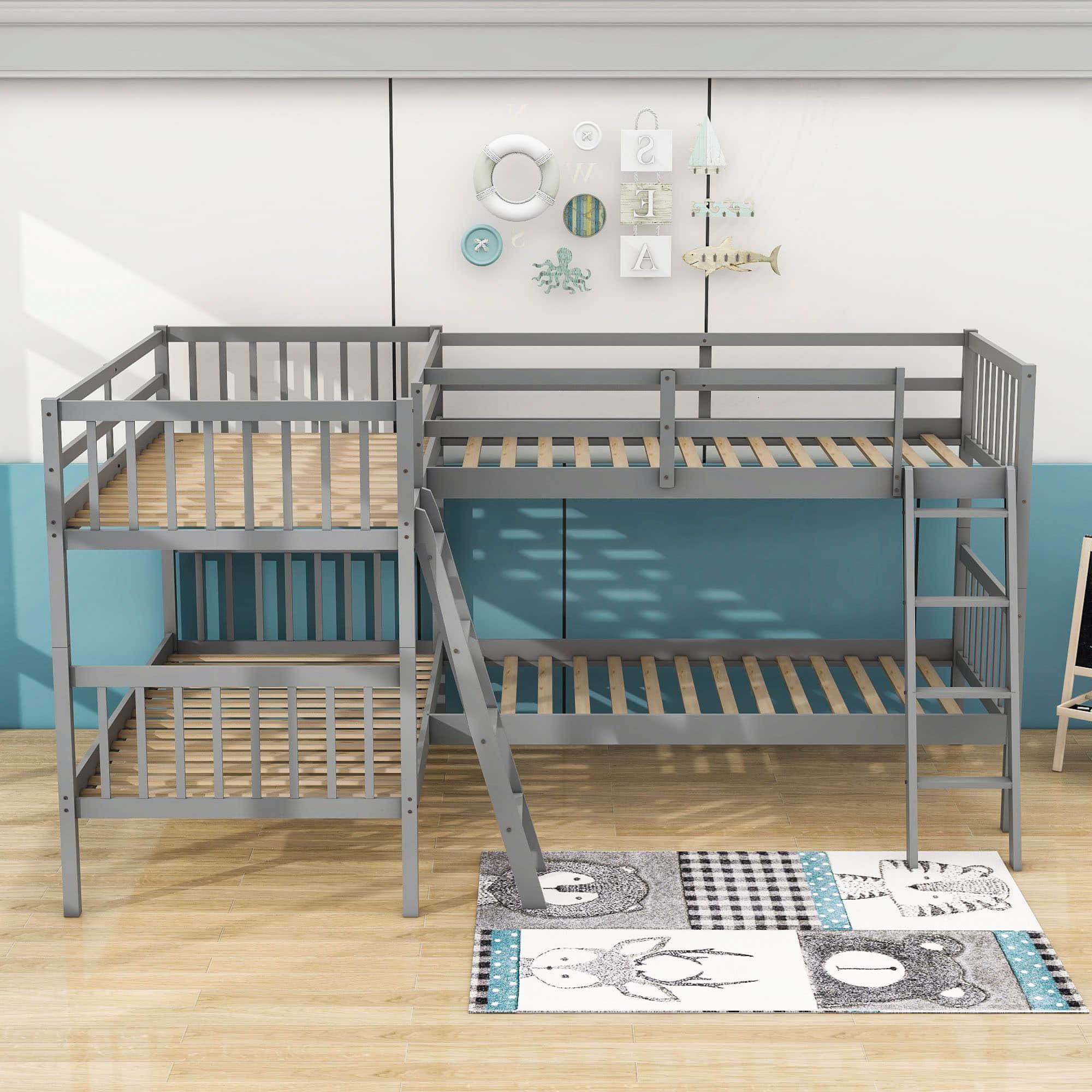 Convertible L-Shaped Quad Twin Bunk Beds for 4 Kids - [Wooden]