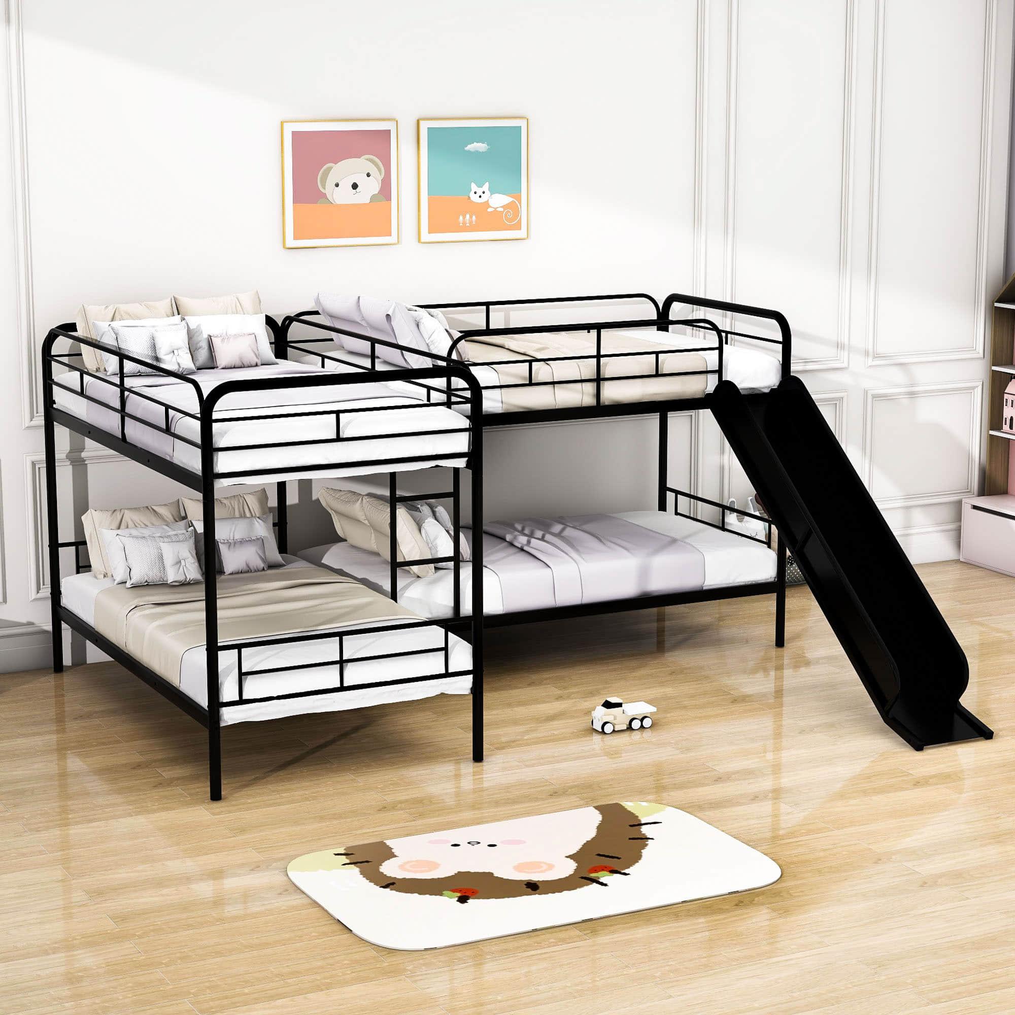 Twin Corner Quad Bunk Beds with Slide for Kids - [Metal, L-Shaped]