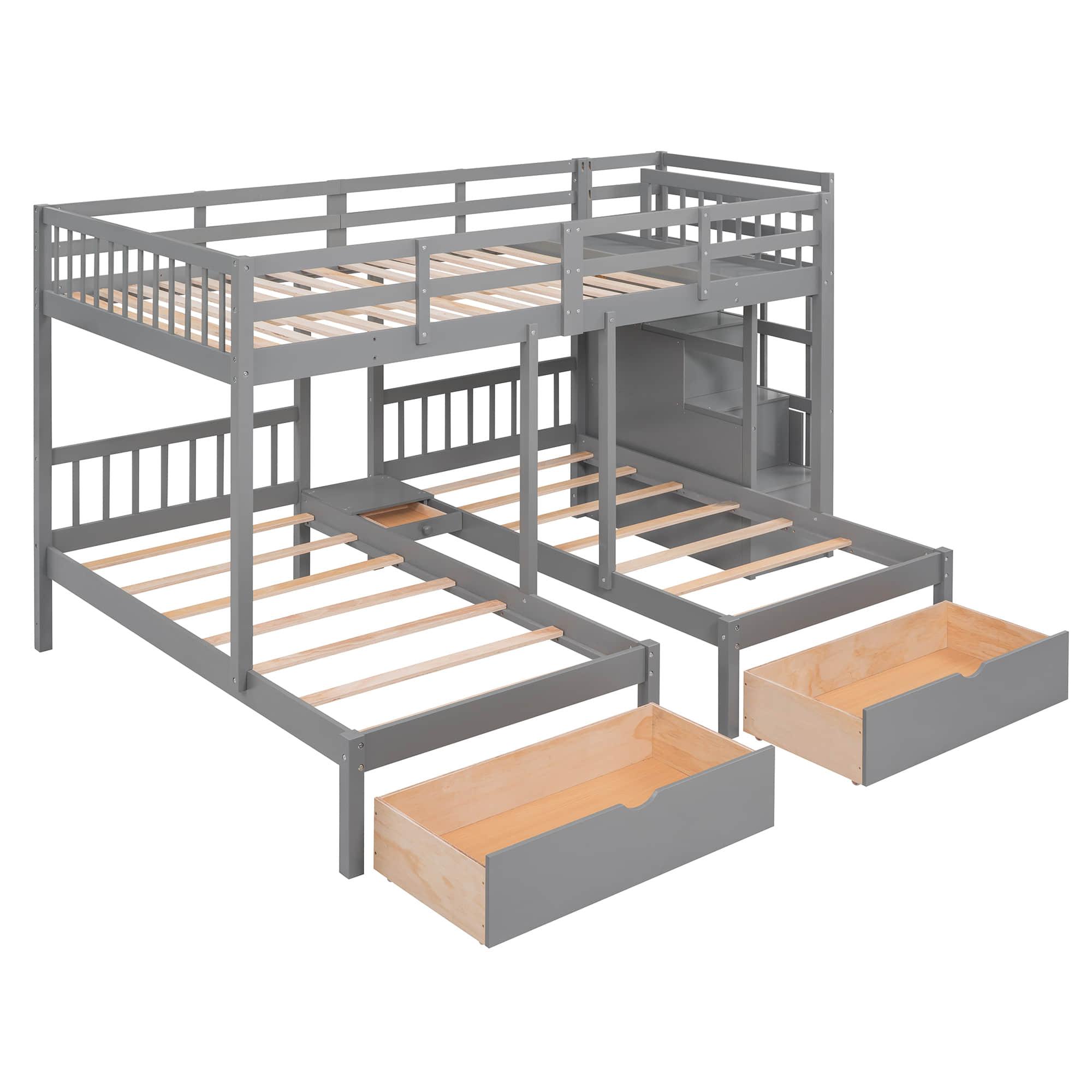 Wood Full Over Twin & Twin L-Shaped Triple Bunk Bed with Stairs and Drawers