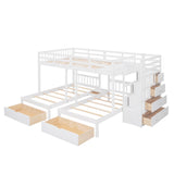 Wood Full Over Twin & Twin L-Shaped Triple Bunk Bed with Stairs and Drawers